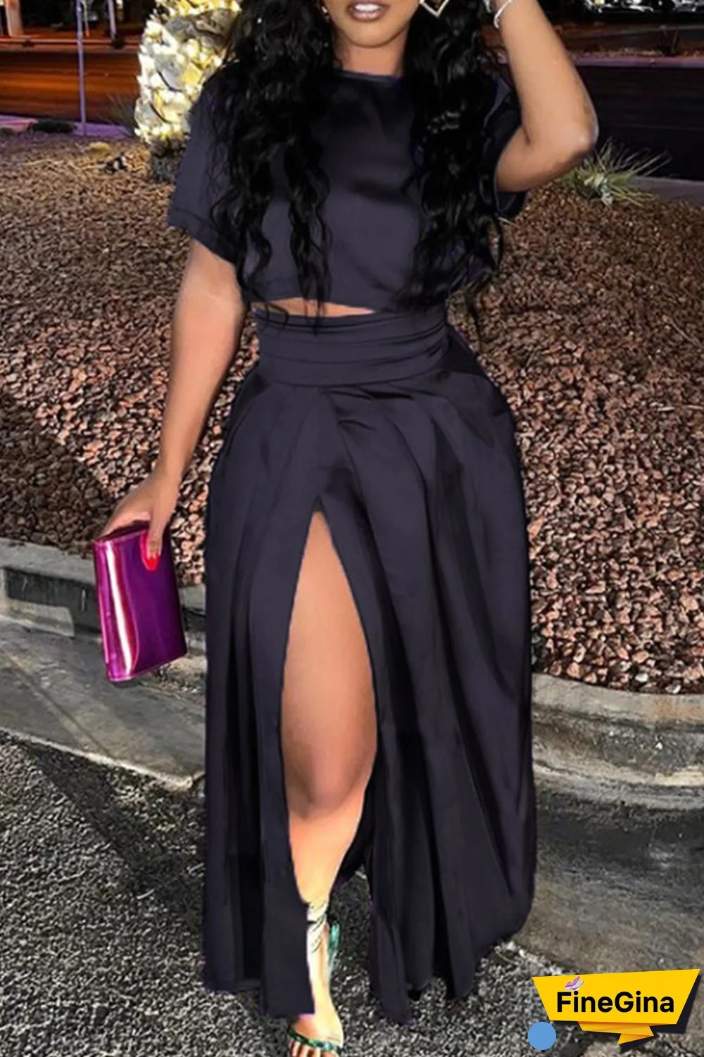 Black Casual Solid Slit O Neck Short Sleeve Two Pieces