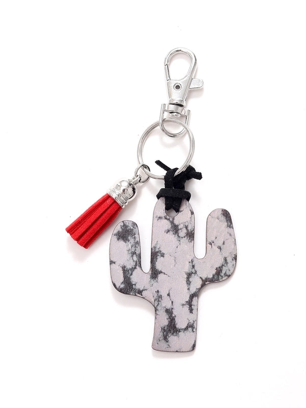 Classic Style Commute Cactus Printing Wood Bag Pendant Keychain