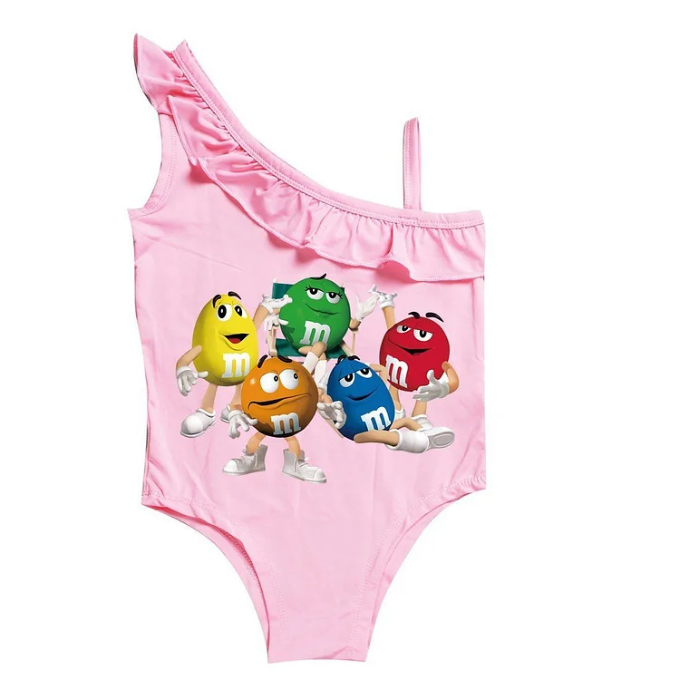 Mayoulove Mentos Chocolate Clips Print Girls One Piece Ruffle Shoulder Swimsuit-Mayoulove
