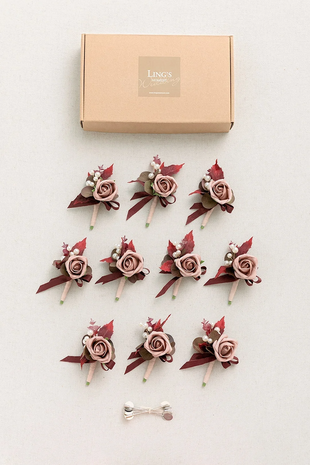 Boutonnieres for Guest in Burgundy & Dusty Rose