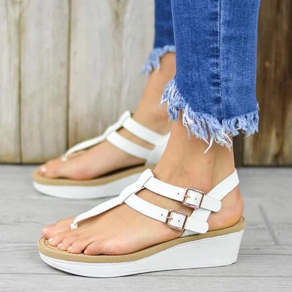Adjustable Buckle T-Strap Wedge Sandals
