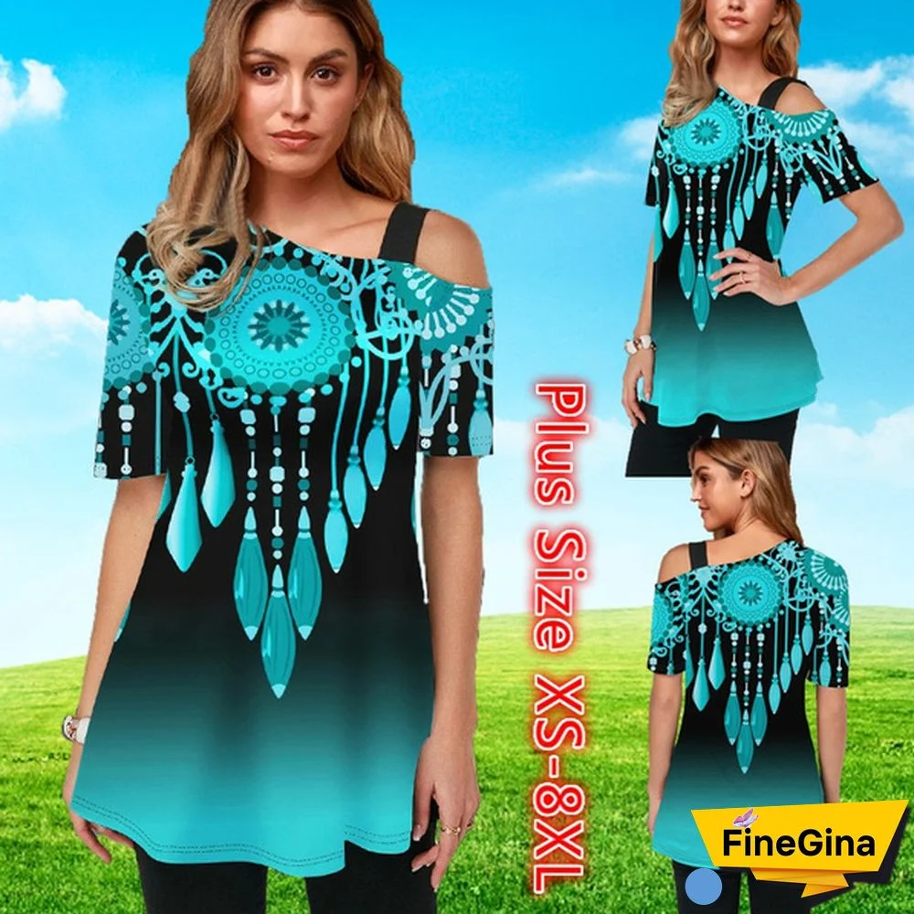 Womens Tops Femme Blouse Tribal Print Short Sleeve Gradient T Shirt Plus Size XS-8XL