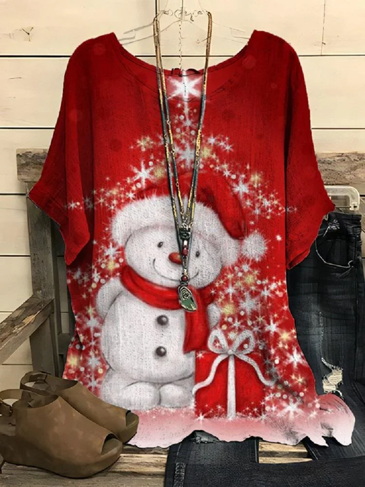 Red Christmas Theme Snowman Printed Round Neck Short Sleeve T-Shirt