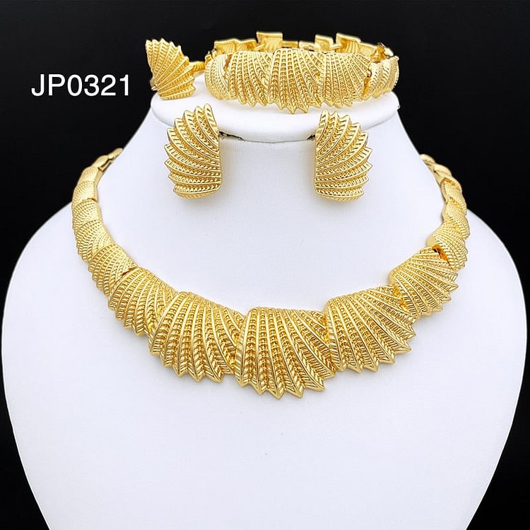 African Gold Color Jewelry Necklace And Earrings For Women Wedding Banquet Party 4 Piece Jewelry Large Set