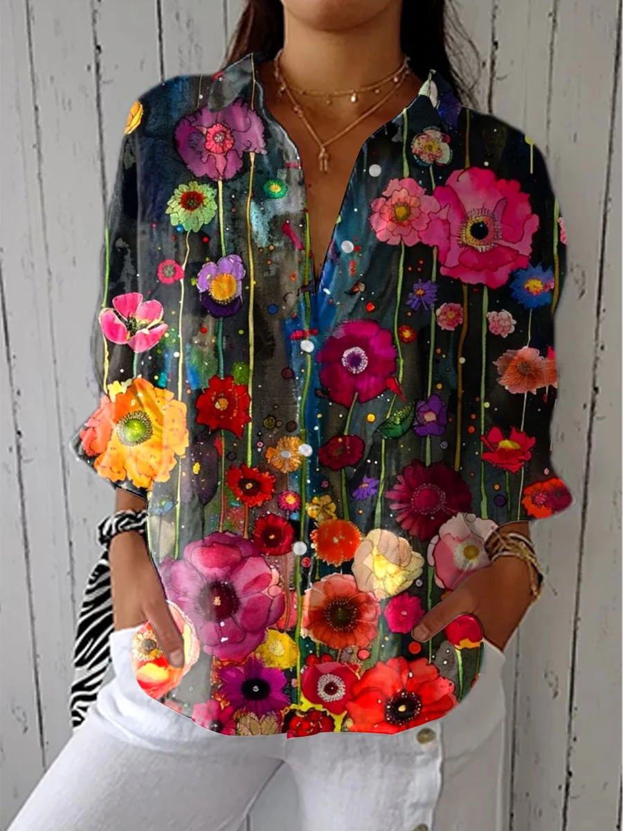 Women's Vintage  Flowers Art Print Casual Linen V-neck Shirt