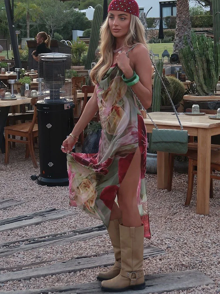 Women Retro Sleeveless Backless Side Slit Sexy Printed V-neck Halter Maxi Dress