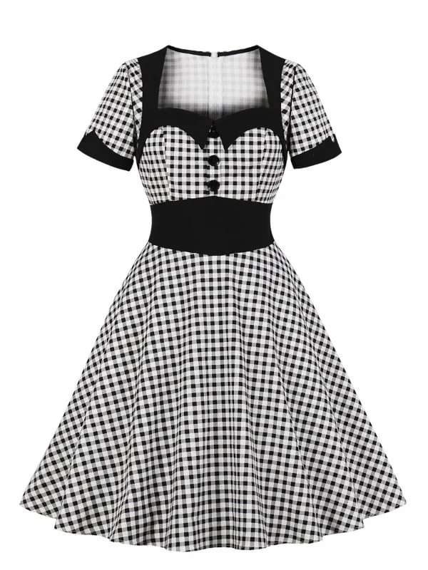 Vintage Heoburn Style Squre Neck Short Sleeve Plaid Dress