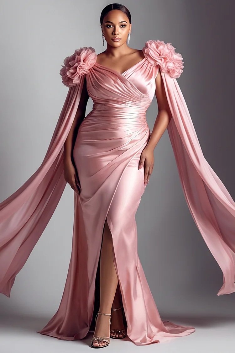 Xpluswear Design Plus Size Formal Elegant Chiffon Pink V Neck Cape Sleeve Split Draped Satin Maxi Dresses [Pre-Order] 2024 - Xpluswear