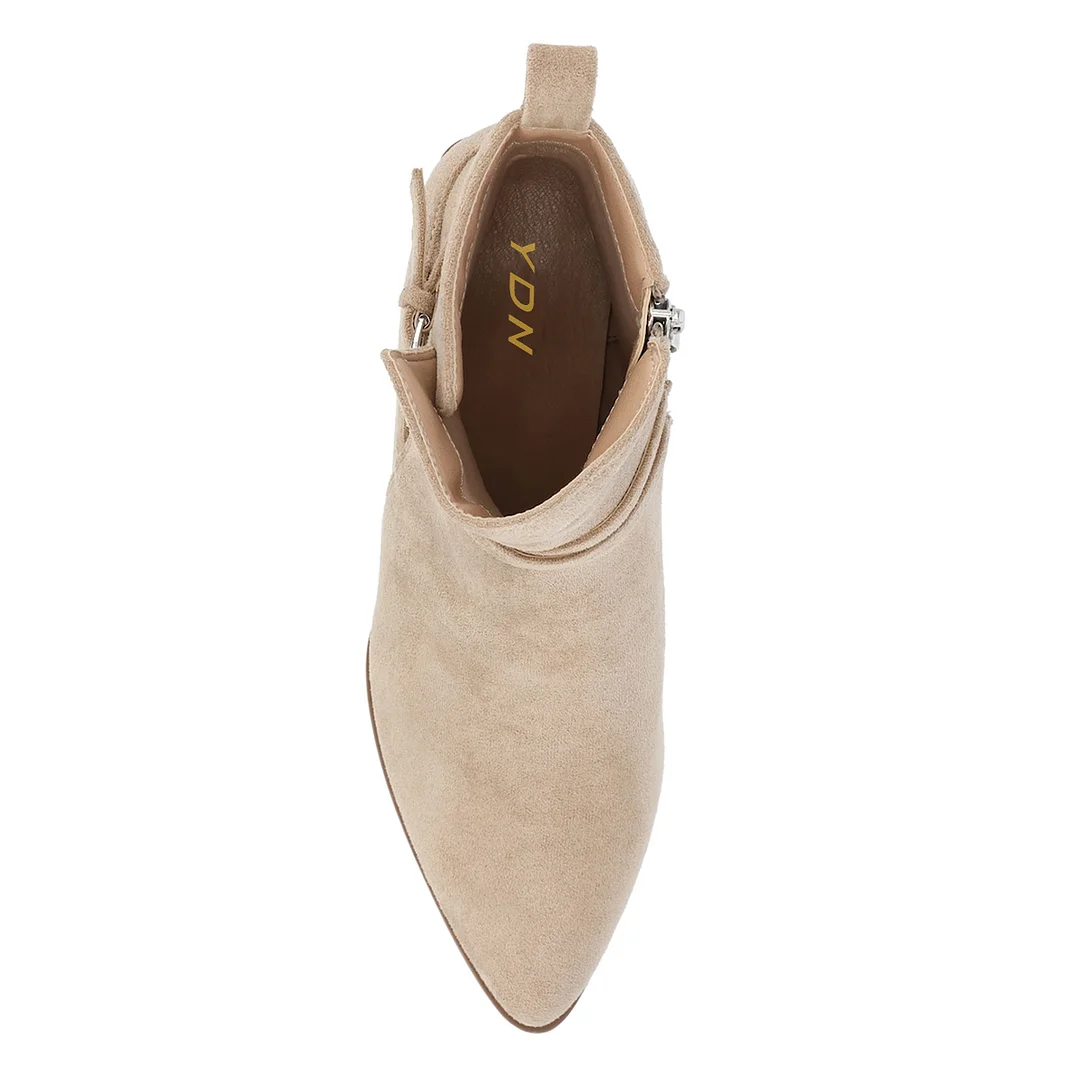 Nude Faux Suede Side-Zip Rhinestone Embellished Heel Ankle Boots