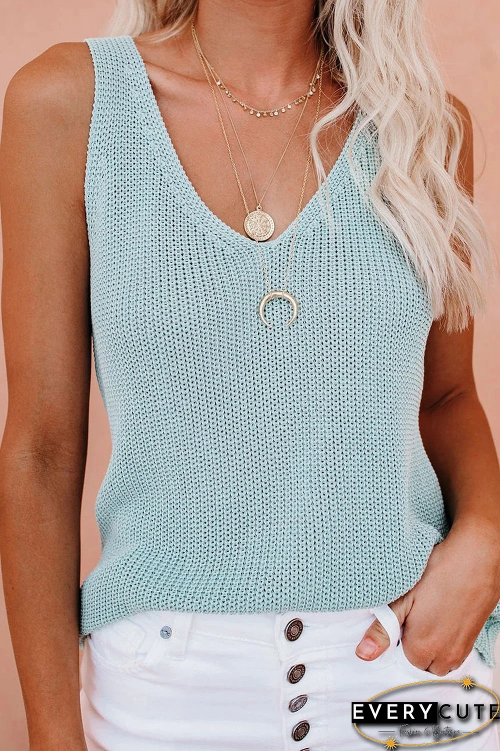 Solid Color V-Neck Knitted Tank Top