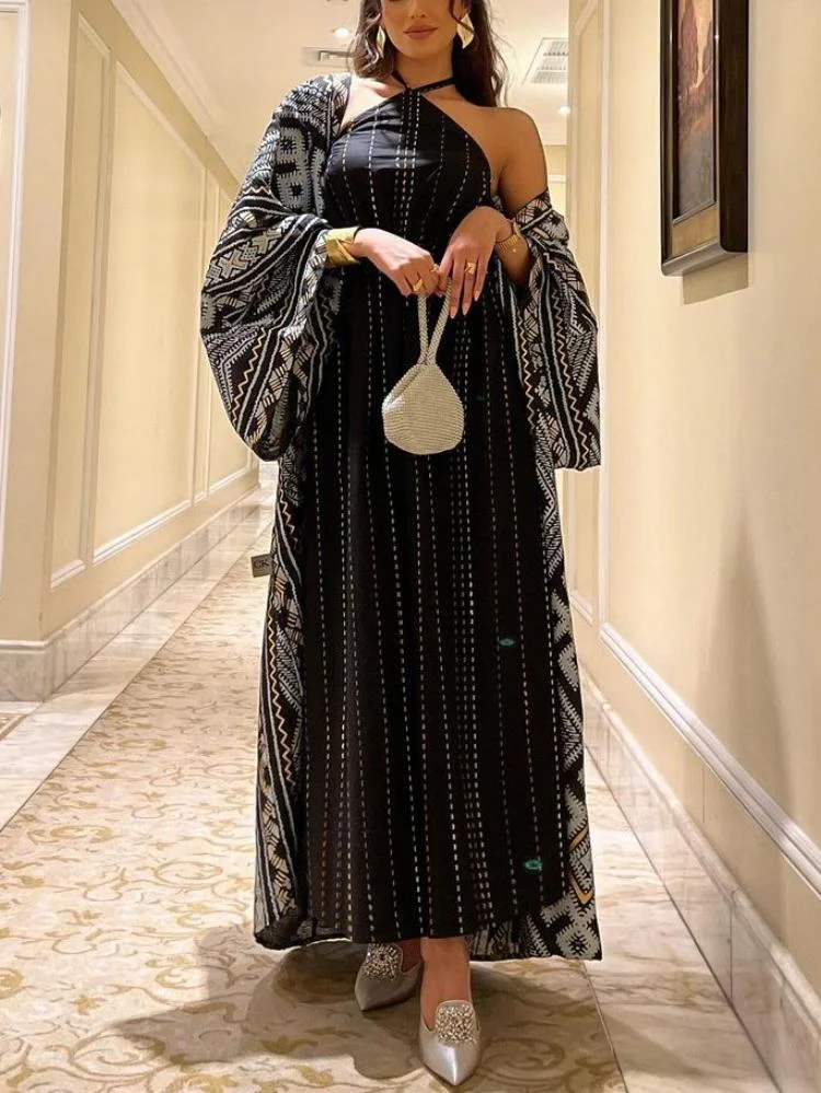 Halter neck sleeveless tie up waist fitted dress with loose printed cardigan kaftan set