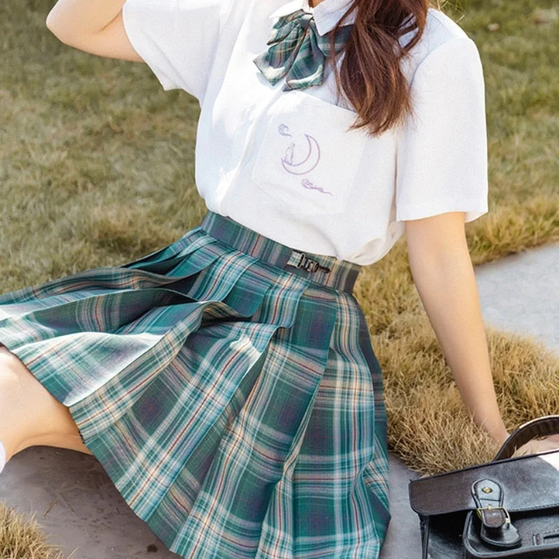 Zoki Green Plaid Women Mini Skirt Fashion Bow Summer School Girls Jk Pleated Skirt High Waist A Line Elegant Preppy Skirts 2021