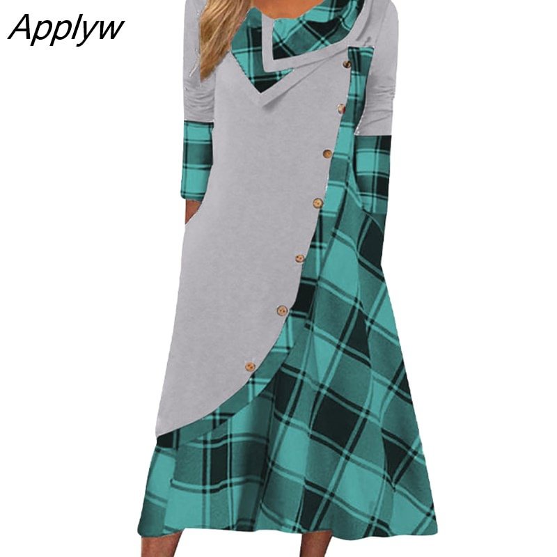 Applyw Fashion Button Plaid Patchwork Dresses Women's Clothing Long Sleeve Casual Loose Pile Collar Pockets Dress for Female