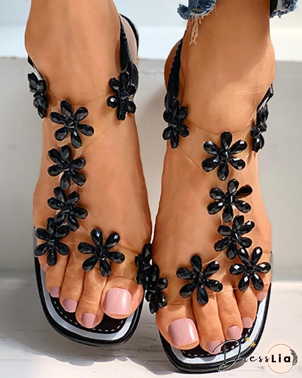 Floral Pattern Open Toe Clear Perspex Chunky Heels