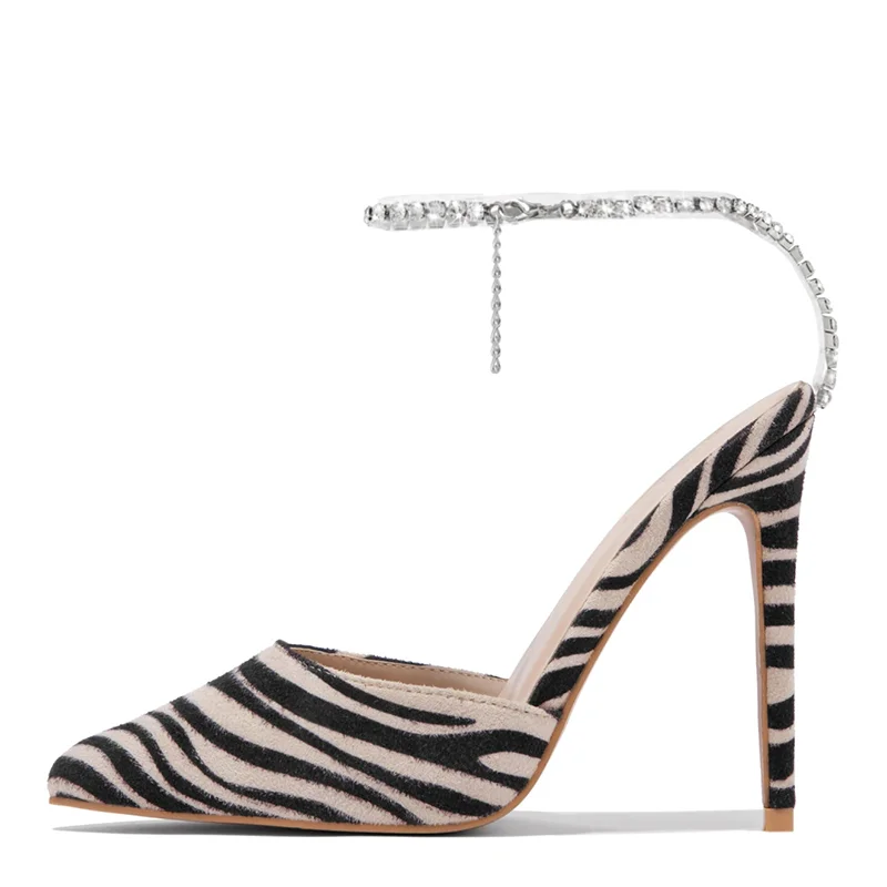 Pointed Stiletto Heels Rhinestones Ankle Strap Pump Zebra Shoes Nicepairs