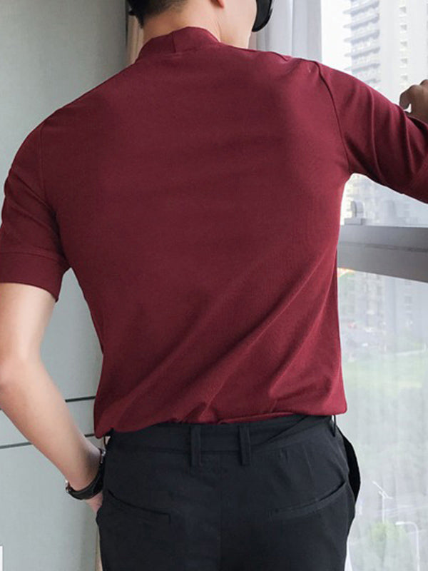 Aonga - Mens Tight Knitted High Neck Short-sleeved T-shirtI aonga