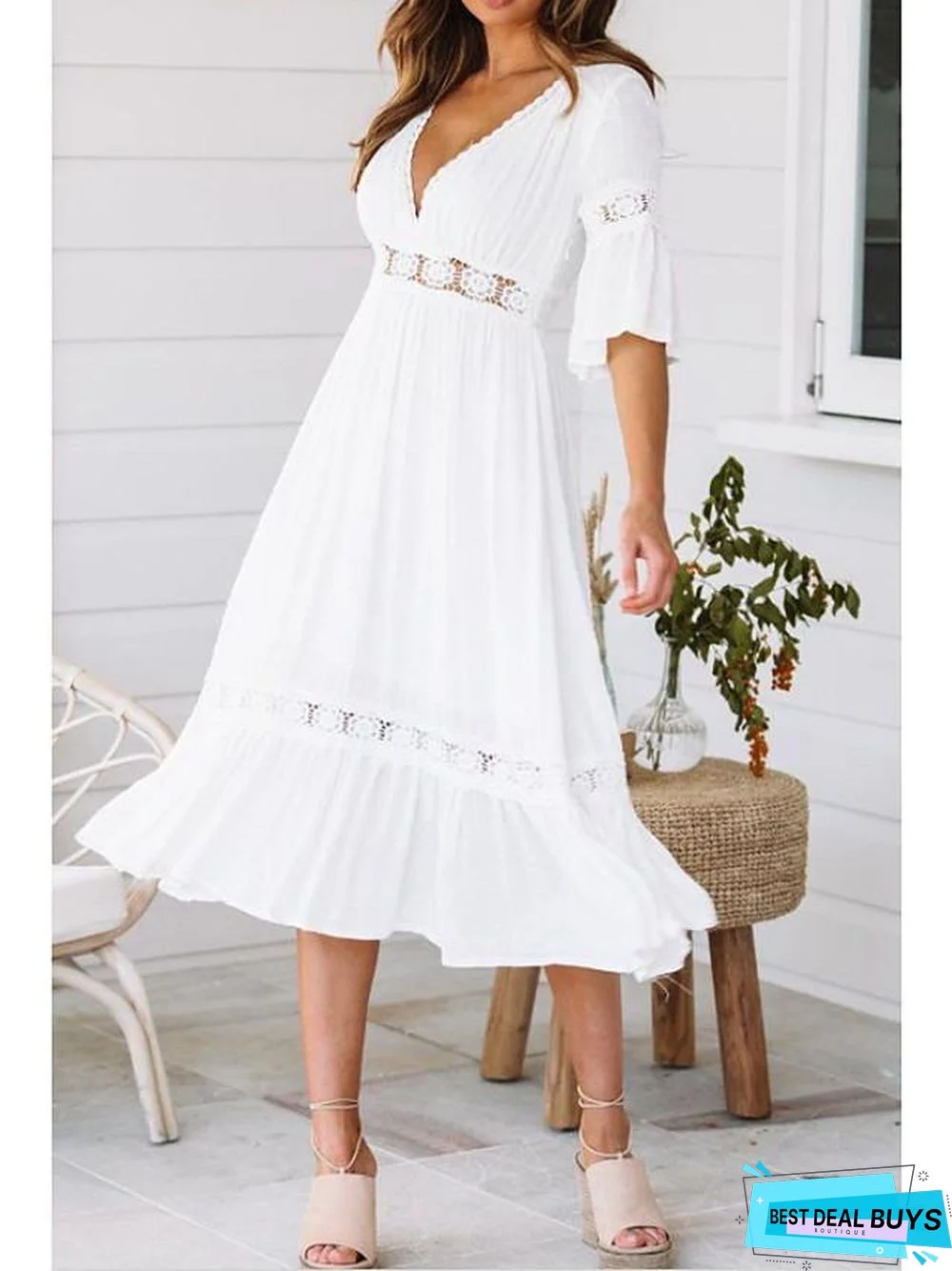 Women's Swing Dress Midi Dress - Half Sleeve Solid Colored Summer Spring & Summer V Neck Hot Beach Vacation Dresses Flare Cuff Sleeve White / Sexy White Dresses