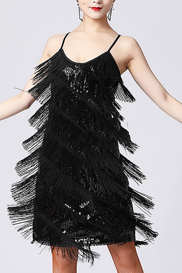 Plus Size Elegant Black  Flapper Fringe Cami V Neck Mini Dress