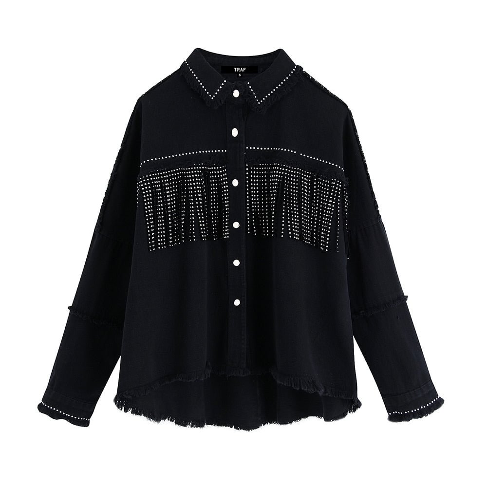 TRAF Women Stylish Tassel Beaded Oversized Denim Jacket Coat Vintage Fashion Long Sleeve Frayed Trim Outerwear Chic Loose Tops