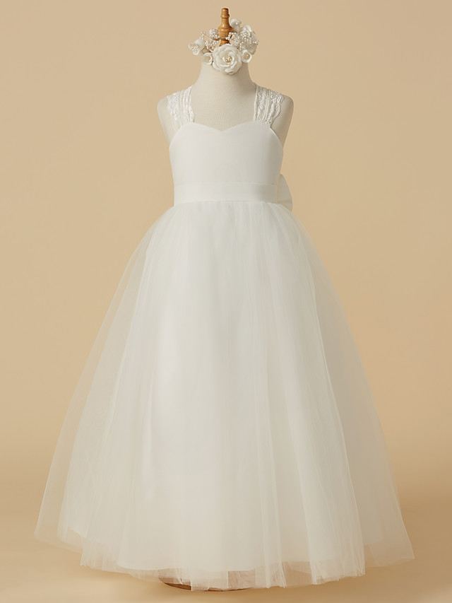 Bellasprom Princess Sleeveless Halter Neck Floor Length Flower Girl Dress Lace Satin Tulle With Bow Bellasprom