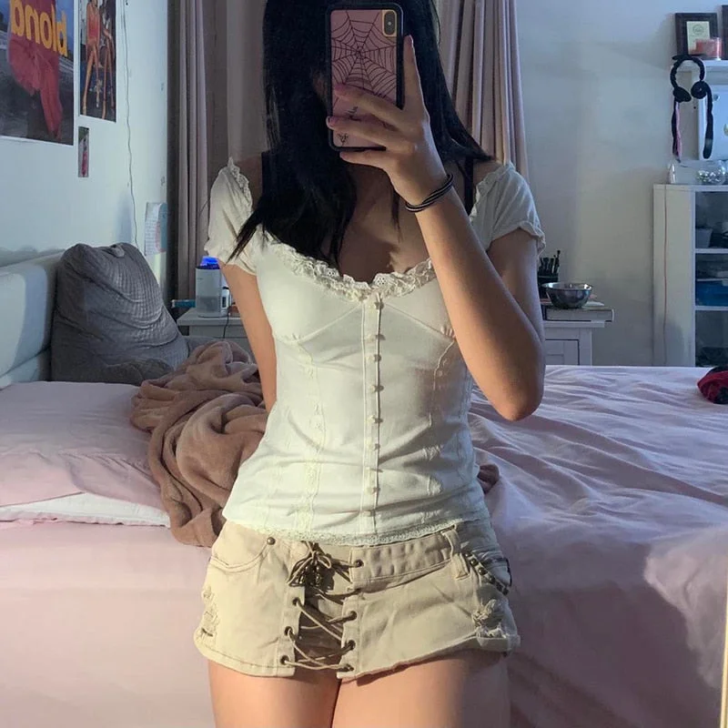 Rapcopter y2k Frill Crop Top Button Short Sleeve Cute Sweet Tee Women Vintage Basic Casual T Shirt Women Summer Chic Korean Tops