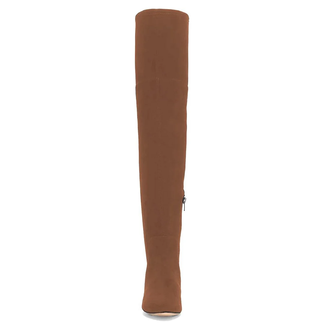 Brown Lace-Up Round Toe Low Heel Thigh High Boots with Zipper