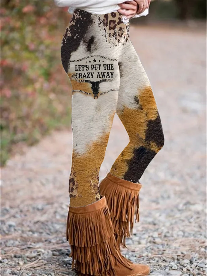 LETS PUT THE CRAZY AWAY Cow Head and Leopard Print Leggings