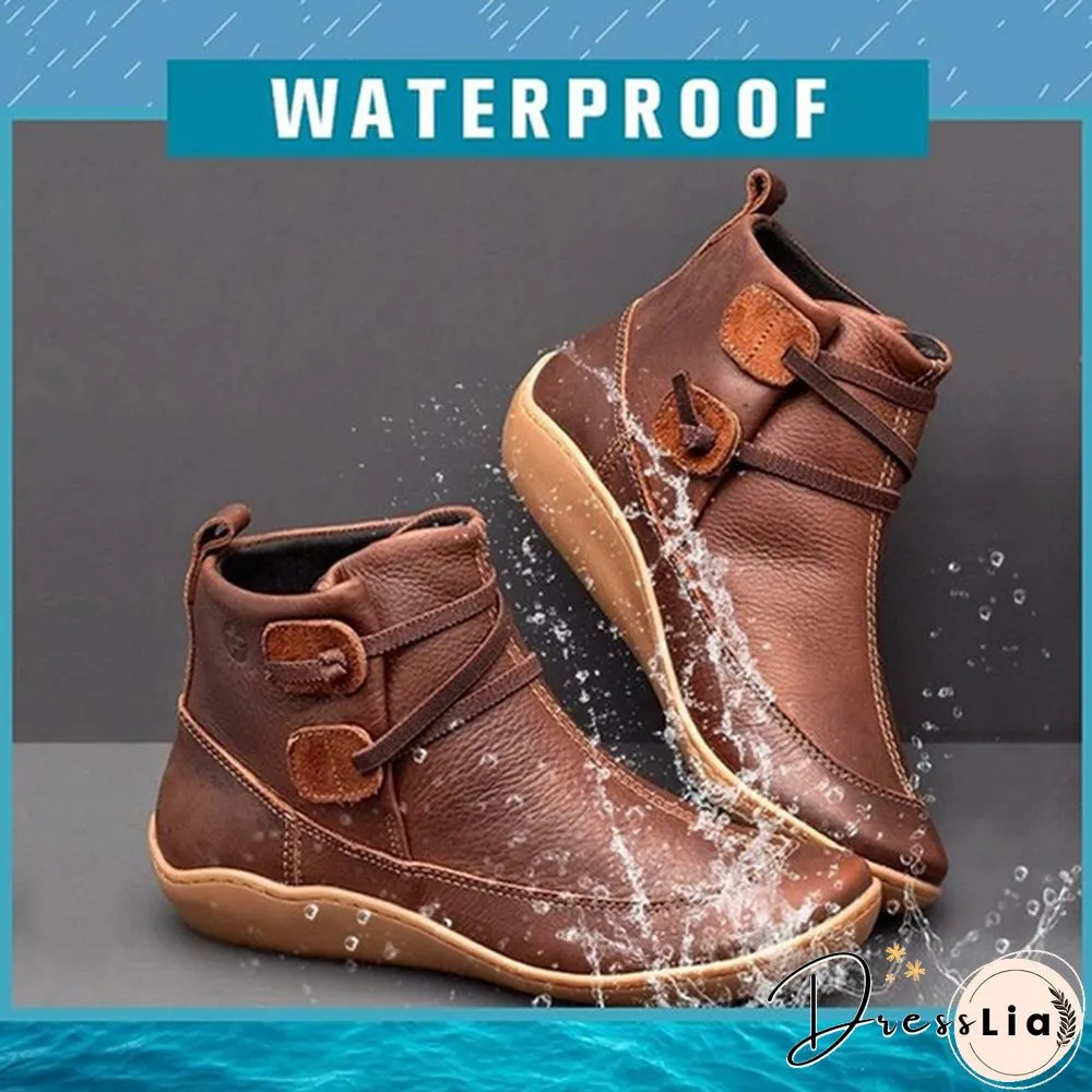 Womens Medieval Vintage Leather Boots Braided strap flat heel all season waterproof slip