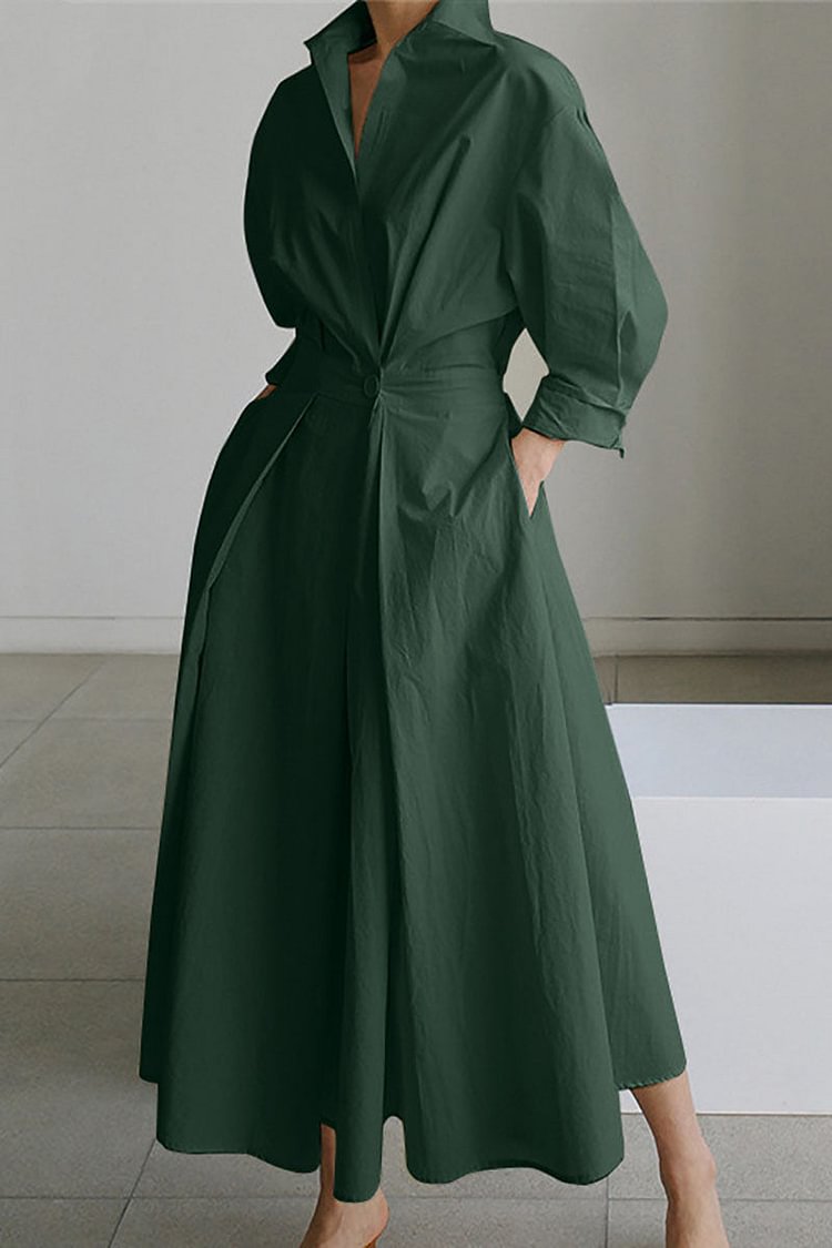 V Neck Long Sleeve Linen A-Line Shirt Maxi Dress
