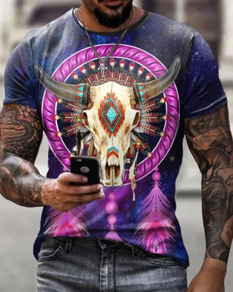 Men's Casual Skull Dream Catcher Pattern Short-sleeved T-shirt