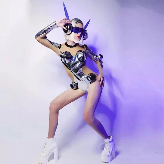 VCSHOES Lady Warrior Cosplay Costume Silver Laser Reflective Bodysuit Headdress Space Dance Outfit Bar Nightclub Party Show Clothes