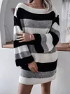 Off-The-Shoulder Contrast Color Striped Loose Long Sleeve Sweater Mini Dress