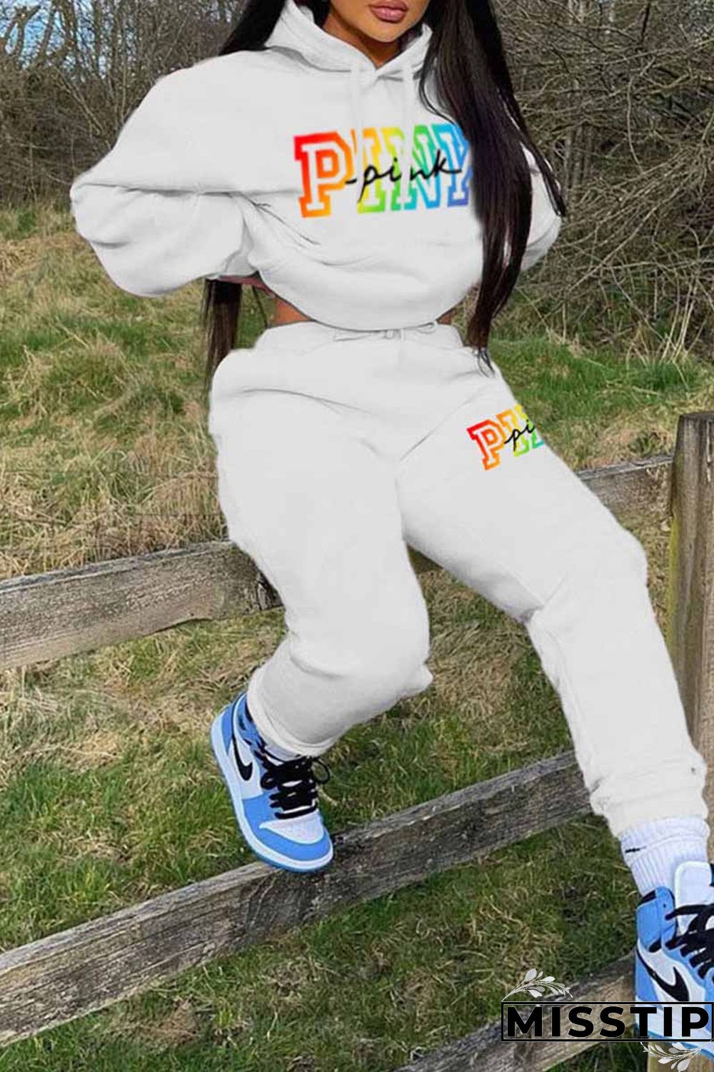 Pink Casual Print Letter Hooded Collar Long Sleeve Two Pieces