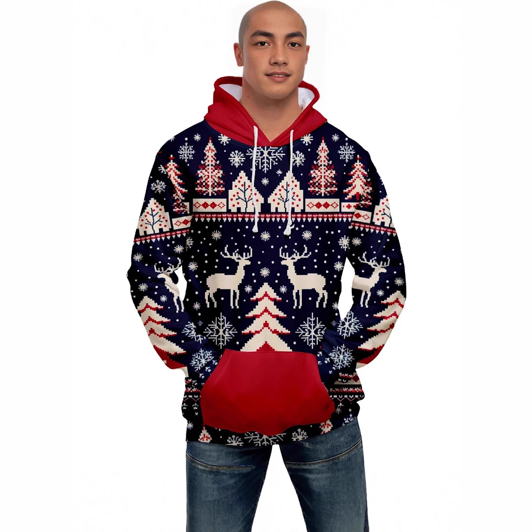 Men's Casual Sports Christmas Reindeer Series 3D Digital Printed Hooded Pullover
