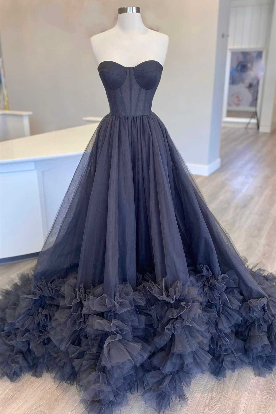 Dresseswow Dark Navy Strapless Sleeveless A-Line Prom Dress Tulle