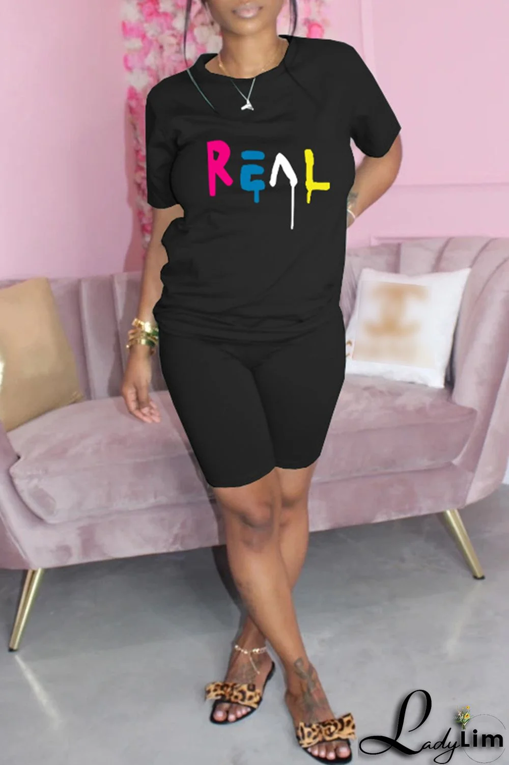 Yellow Fashion Casual Print Basic O Neck Short Sleeve Two Pieces