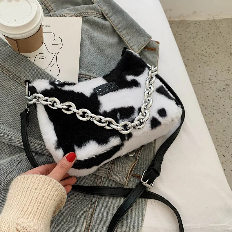 էѧӧܧ Small Leopard Soft Faux Fur Totes Bags With for Women 2021 Winter Simple Solid Color Fashion Luxury Handbags Purses