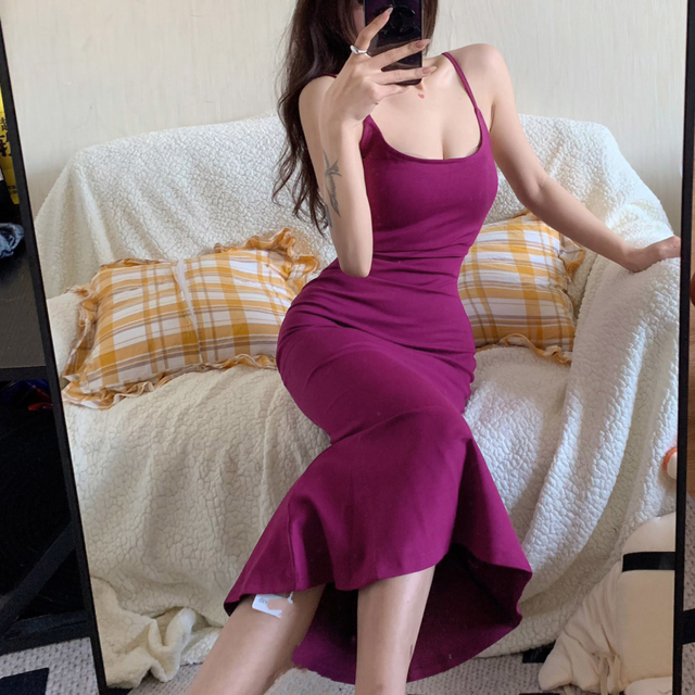 Autumn French Sexy Slit Women’s Mid Length Dress Female Slim Bodycon Wrap Hips Dresses Sleeveless Club Sundress