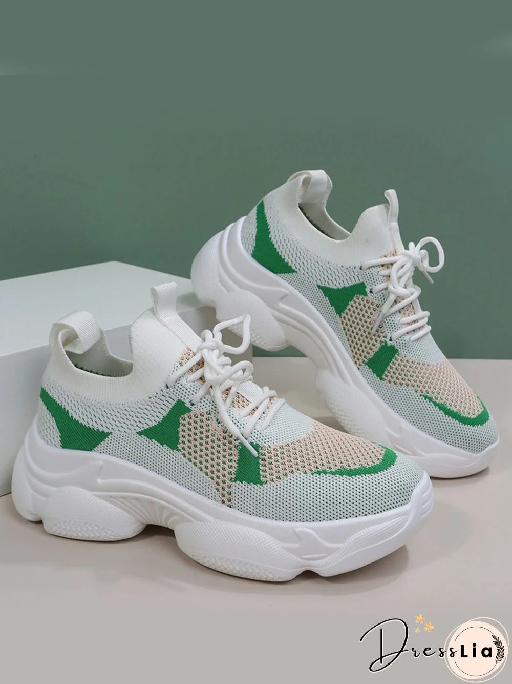 Contrast Flyknit Breathable Mesh Platform Lace-Up Sneakers