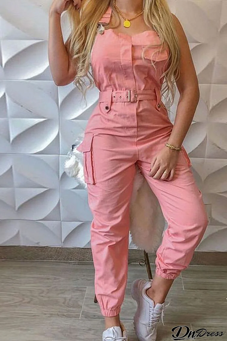 Solid Sleeveless Belted Cargo Jumpsuits