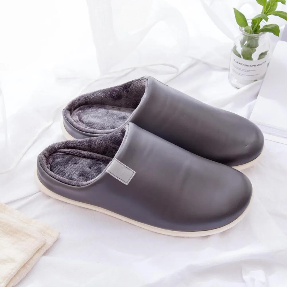 Winter Warm Slippers Men Waterproof Plush Velvet Leather Slippers Cozy Cotton Home Slippers for Men Non Slip Soft Indoor Shoes
