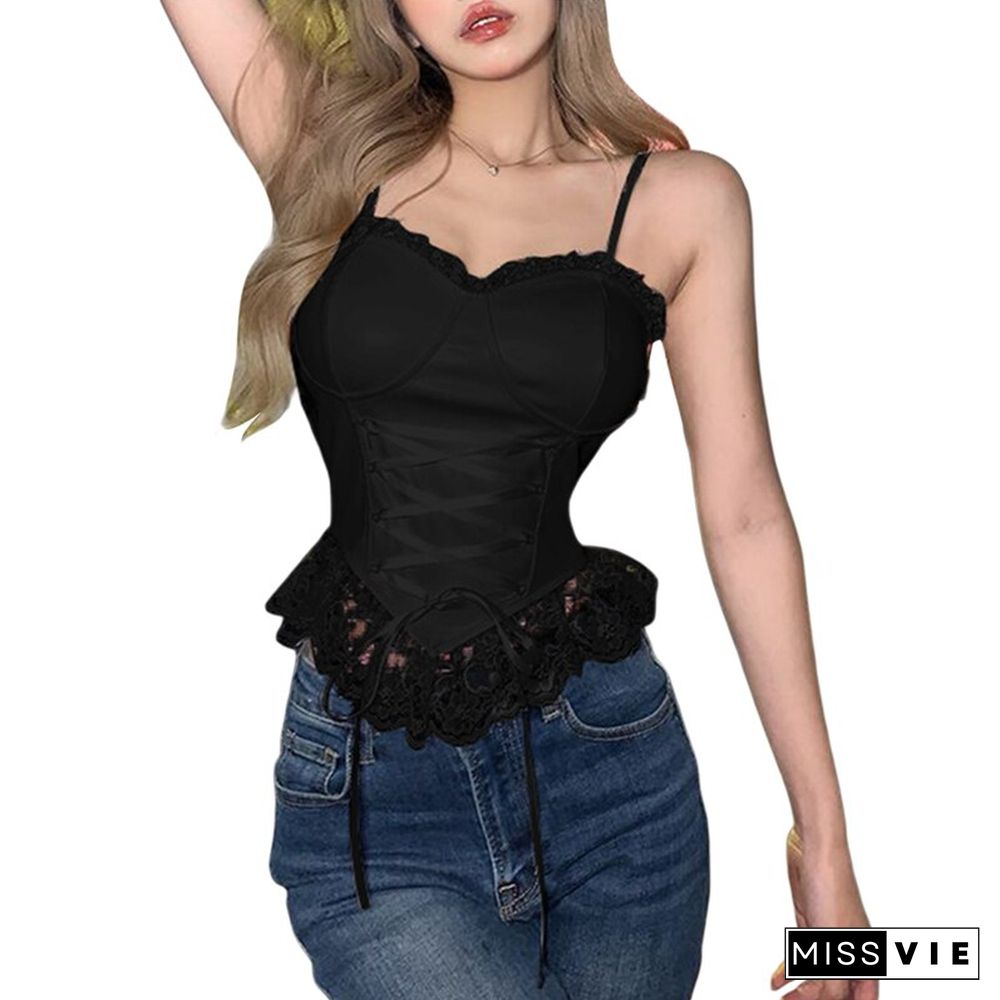 Y2k Lace Cami Aesthetic Women Ruffles Hem Sweet Girl Crop Tops Sleeveless Slim Ruched Cute