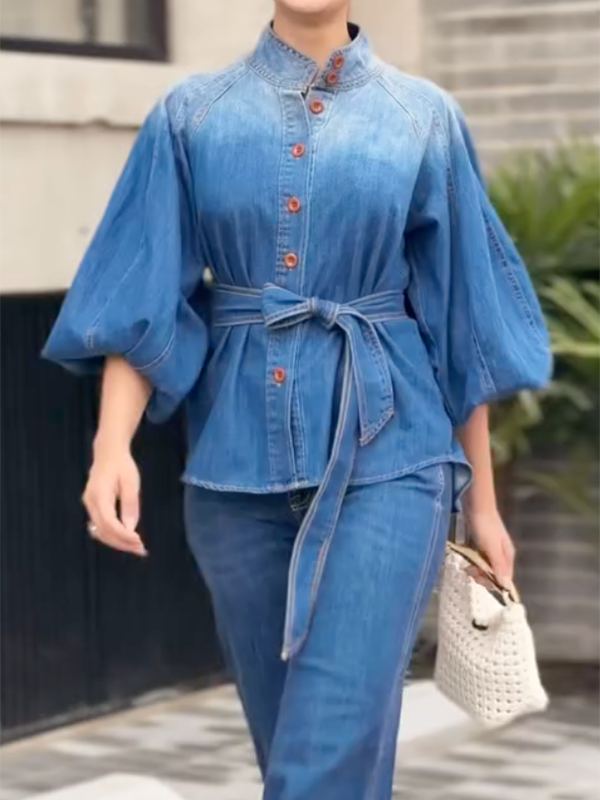 Tied Waist Gradient Buttoned Puff Sleeves Half Sleeves Stand Collar Blouses&Shirts Tops