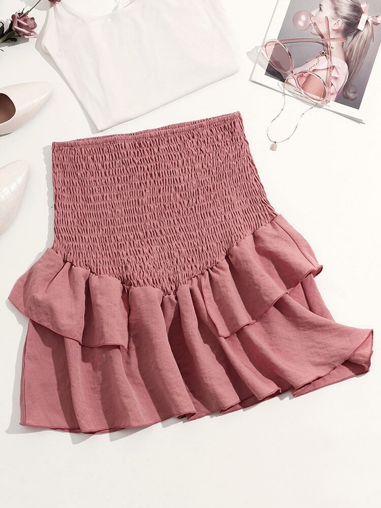 Ruffle Solid Shirred Elastic Waist Skirt For Women - Shop Trendy Women's Fashion | TeeYours