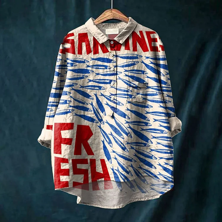 Women's Fashion Fresh Sardines Art Print Casual Lapel Blouse