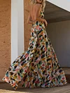 Floral-Print Deep V-Neck Backless Bohemia Maxi Dress