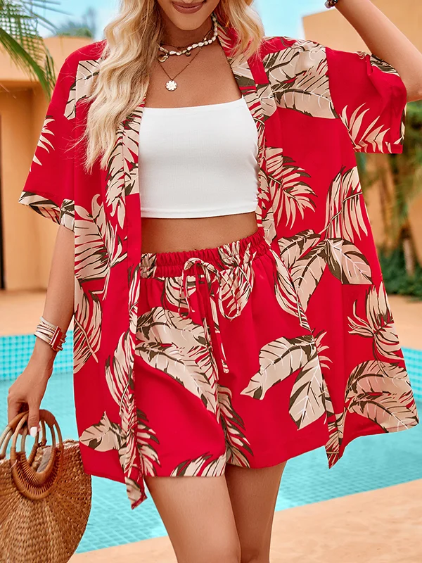 Short Sleeves Buttoned Loose Leaves Print Collarless T-Shirts Top + Drawstring Elasticity Shorts Bottom Two Pieces Set