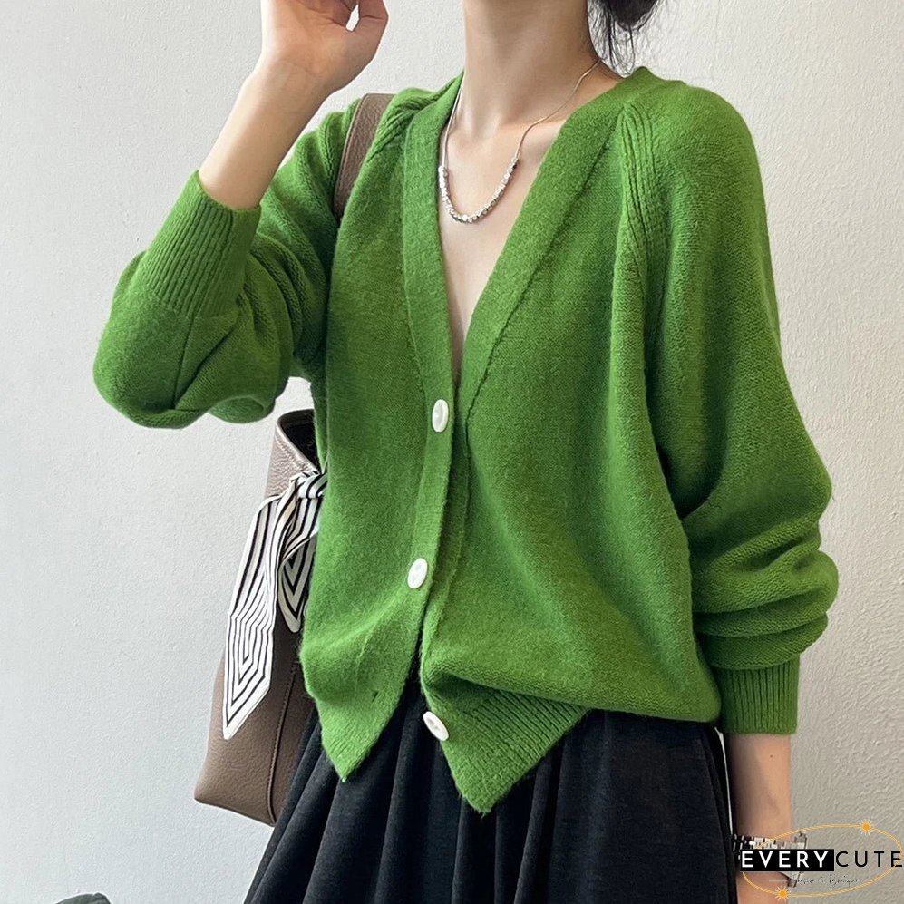 V-Neck Single Button Knitted Green Cape Clothes Autumn Women Christmas Sweater