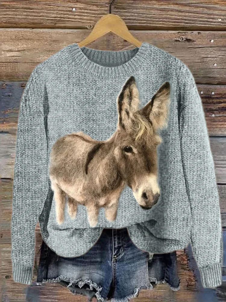 VChics Fuzzy Donkey Felt Art Cozy Knit Sweater