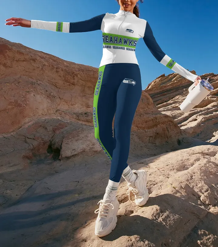 Seattle Seahawks 2 Piece Workout  Sets :Sculpt High Waist Gym Leggings & long Sleeve Sports Top